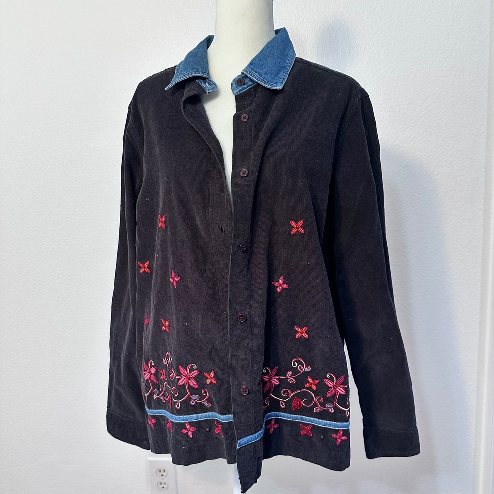 VTG Embroidered Y2K Mixed Media Corduroy Button Down Shirt Womens XL Black